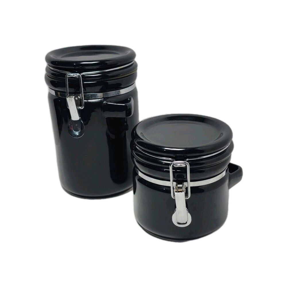 Kitchen Canister Set (2) Round Black OGGI Flour Sugar Coffee
